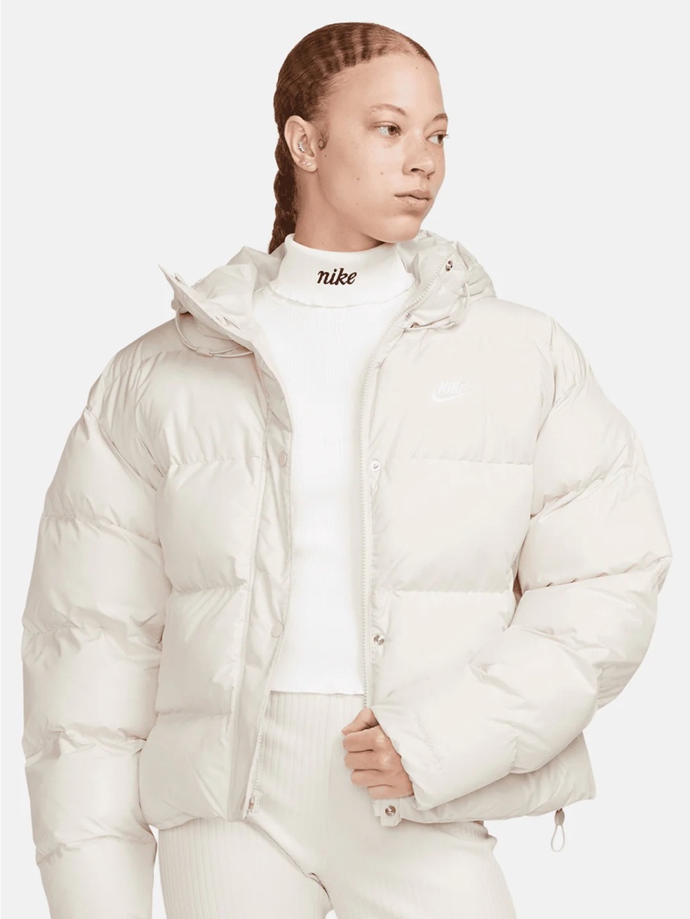 Nike Therma-fit Cropped Hooded Cream Puffer Jacket Sz S